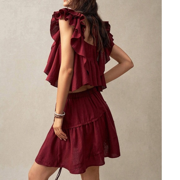 Boho Burgundy Shirred Crop Ruffle Top Mini Skirt Set - Picture 4 of 6